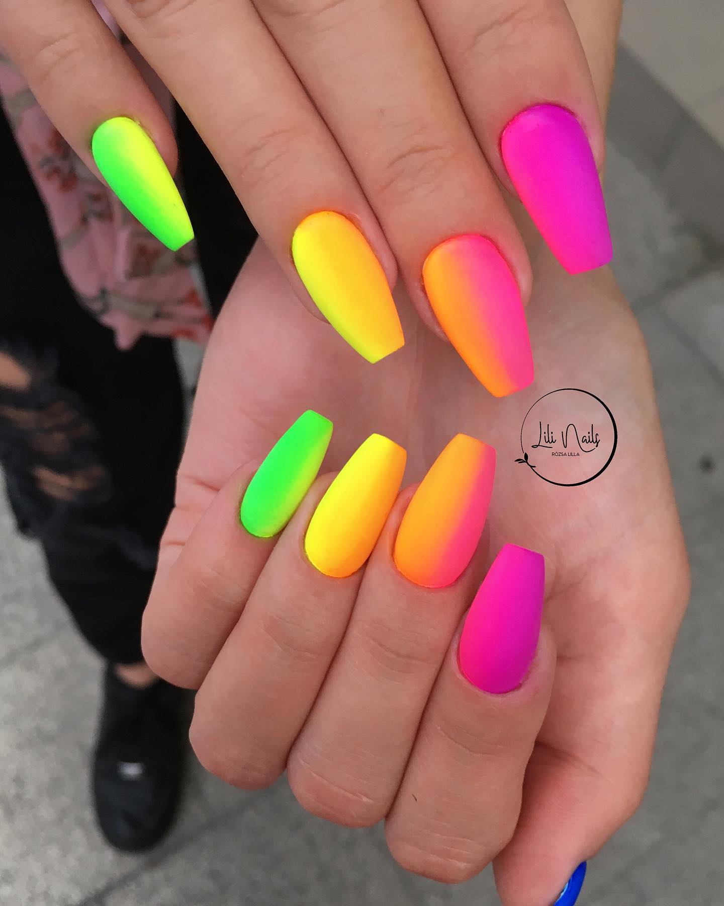 Hot bright rainbow nails that most women like to wear for the summer! If you fancy loud neon nails consider this shade.