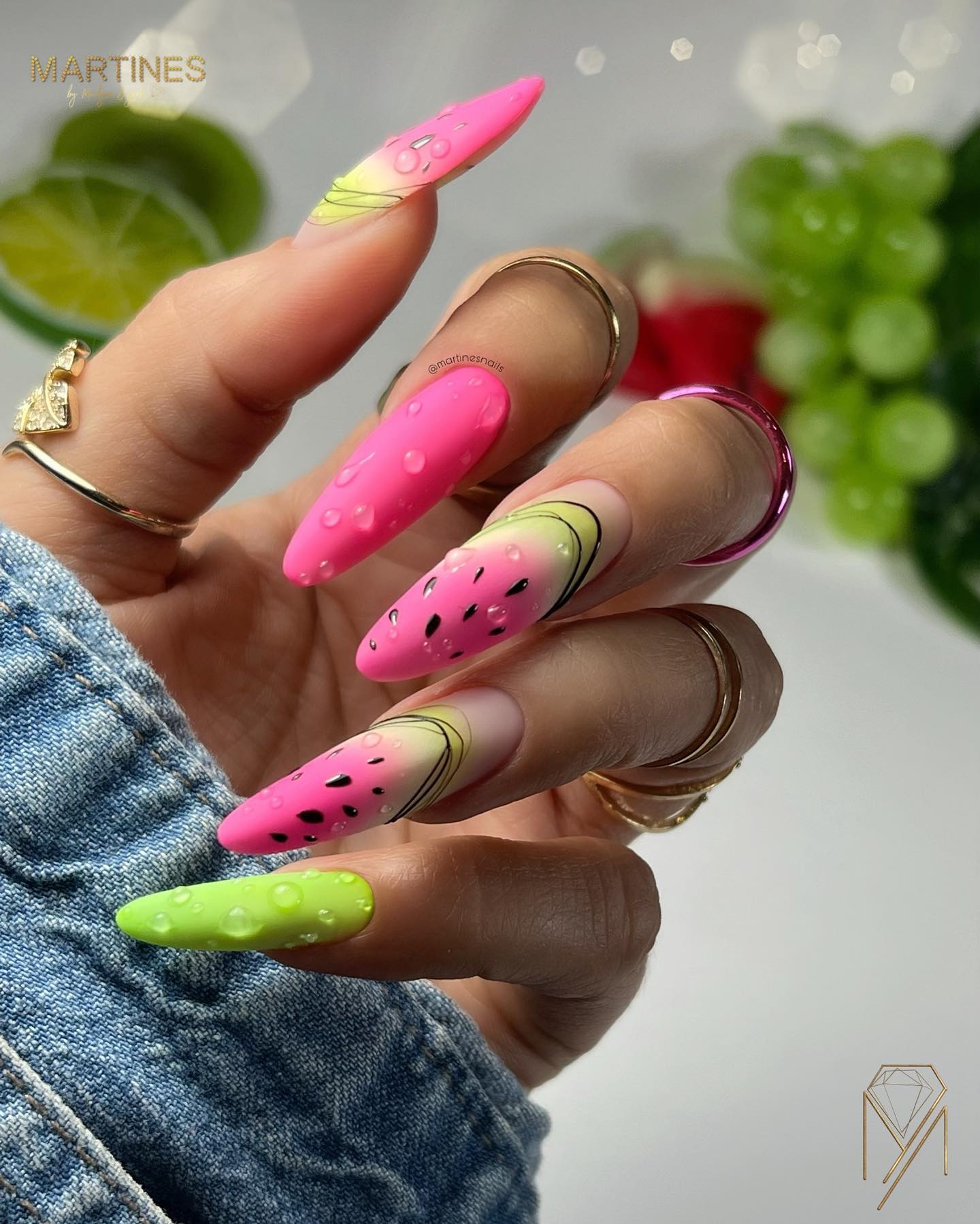Find inspiration for your nails by looking at a watermelon! This cool artsy design is for those who wish to wear something new and different.