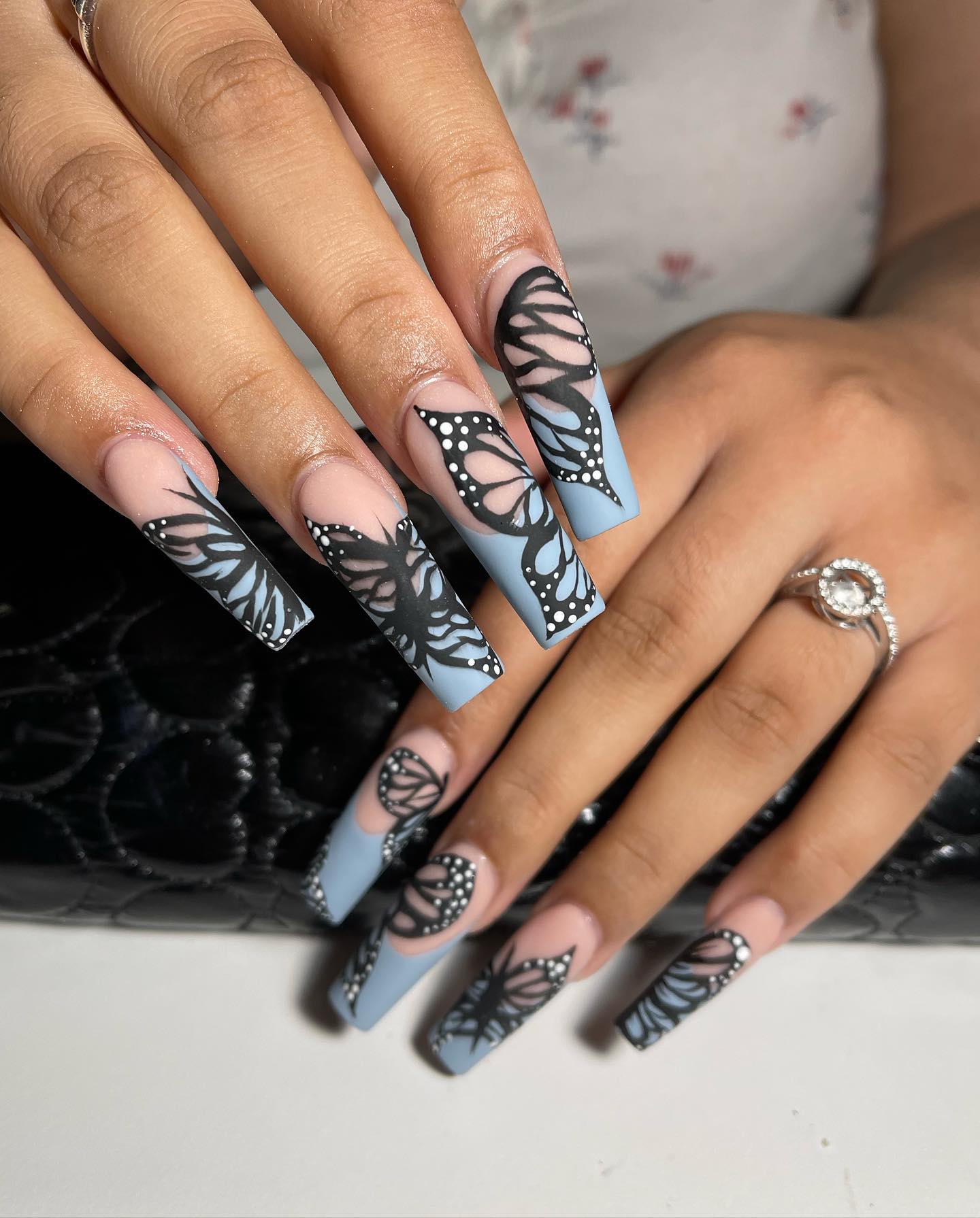If you prefer a long square nail like this, it means you like to be different. Very detailed butterfly nail design will make you more different!