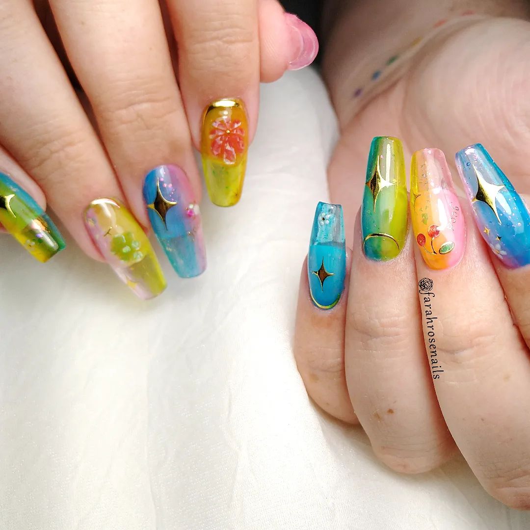 This jelly nails look is perfect to match with some shiny star nail stickers. There are also other stickers like a cherry and flower, too.