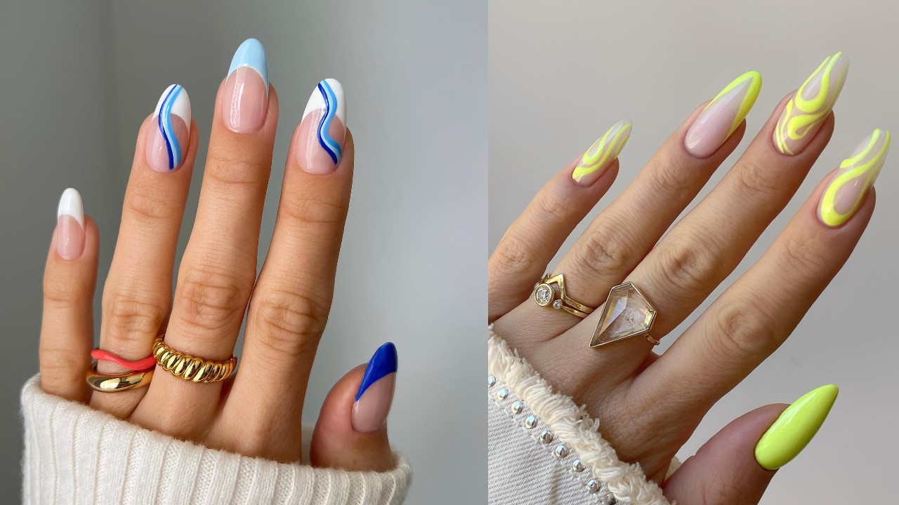 50 Trendy Summer Nail Colours & Designs : Blue and White Swirl Almond Nails