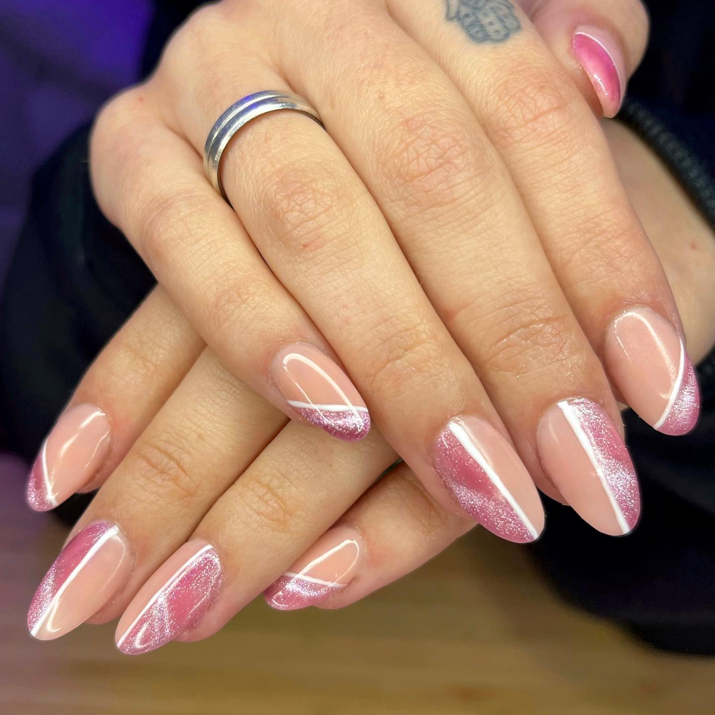 Full aurora nails may not be for you, so you can apply it on half of your nails like the one above. Half of your nail will be nude and the other half will be pink cat nail.