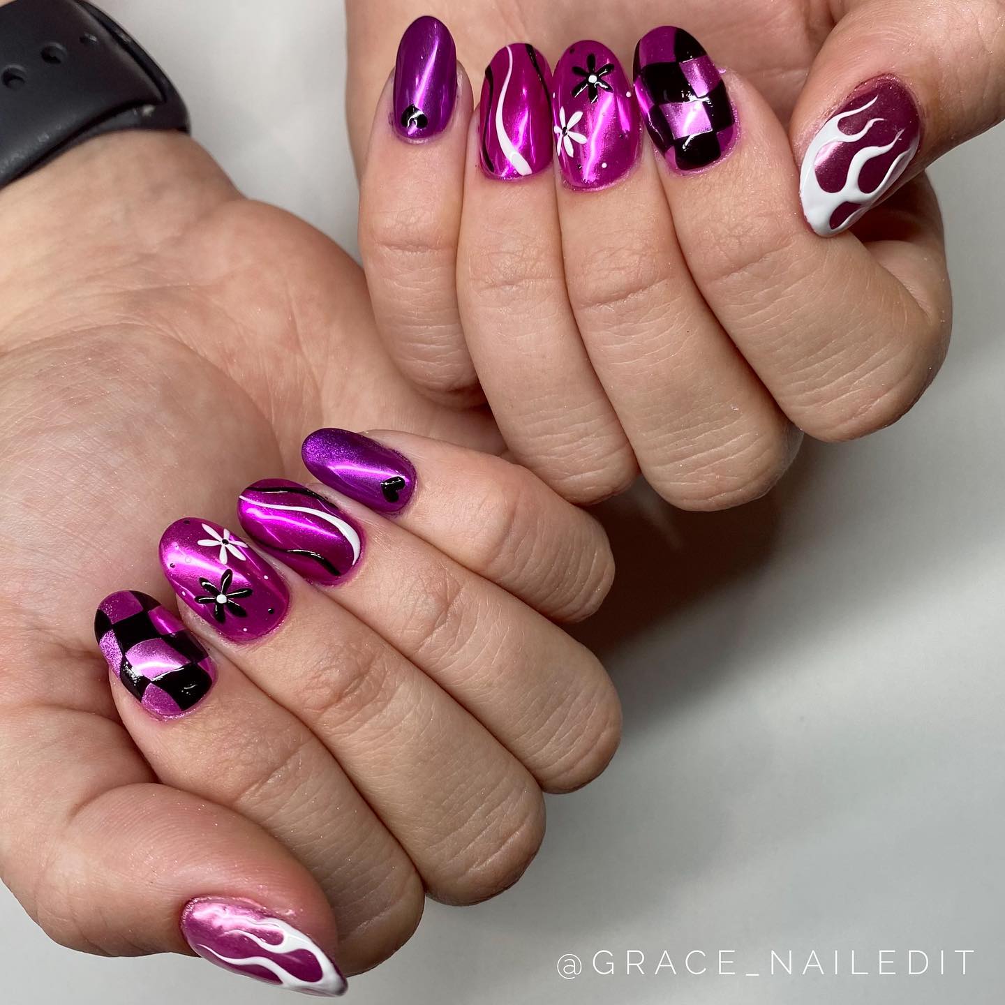 Chrome nails are nice with their plain look but do you want to add something unique on them? Then, use different nail arts for each nail.