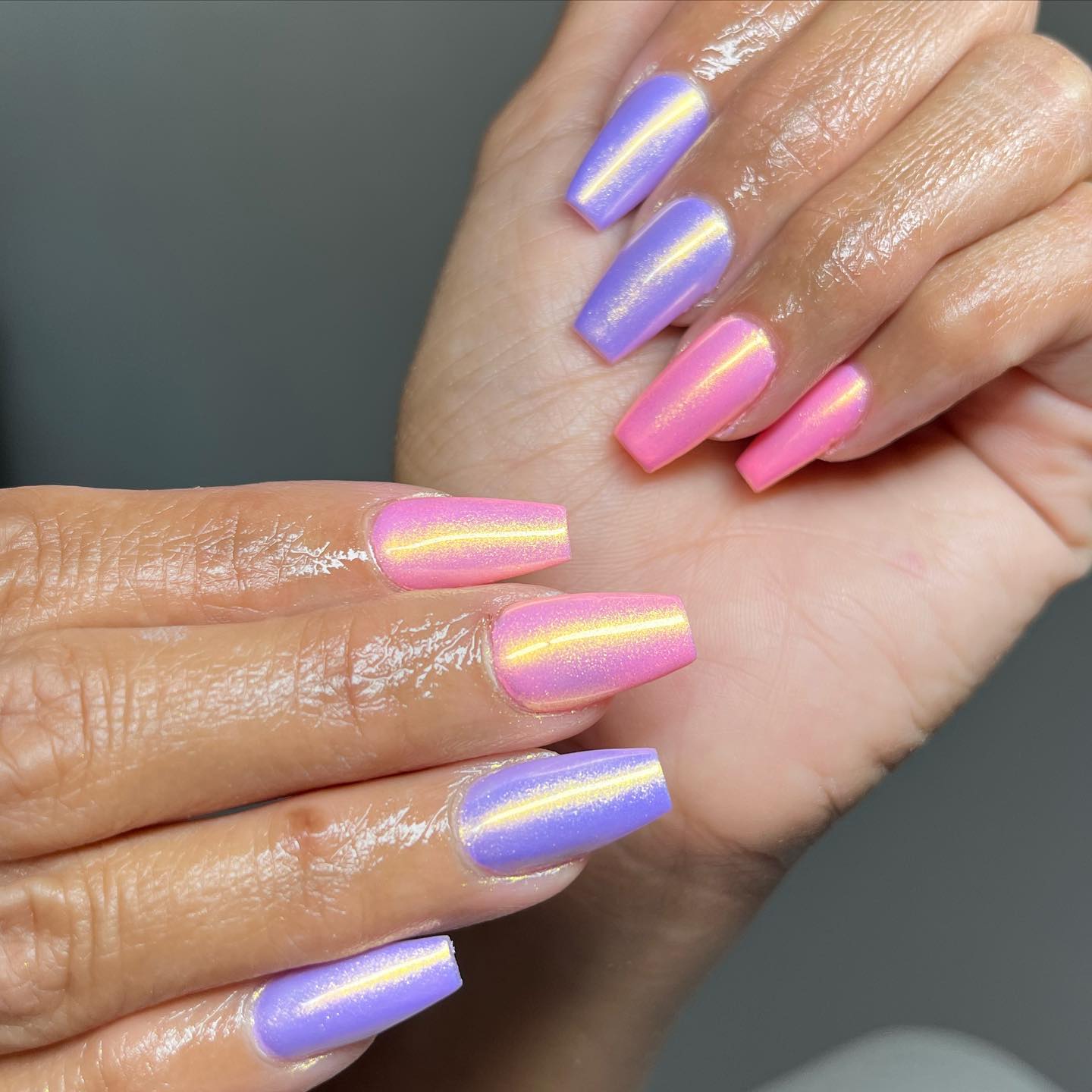 Baby pink and purple can be the cutest colors. You will feel like a baby with these perfect chrome nails.
