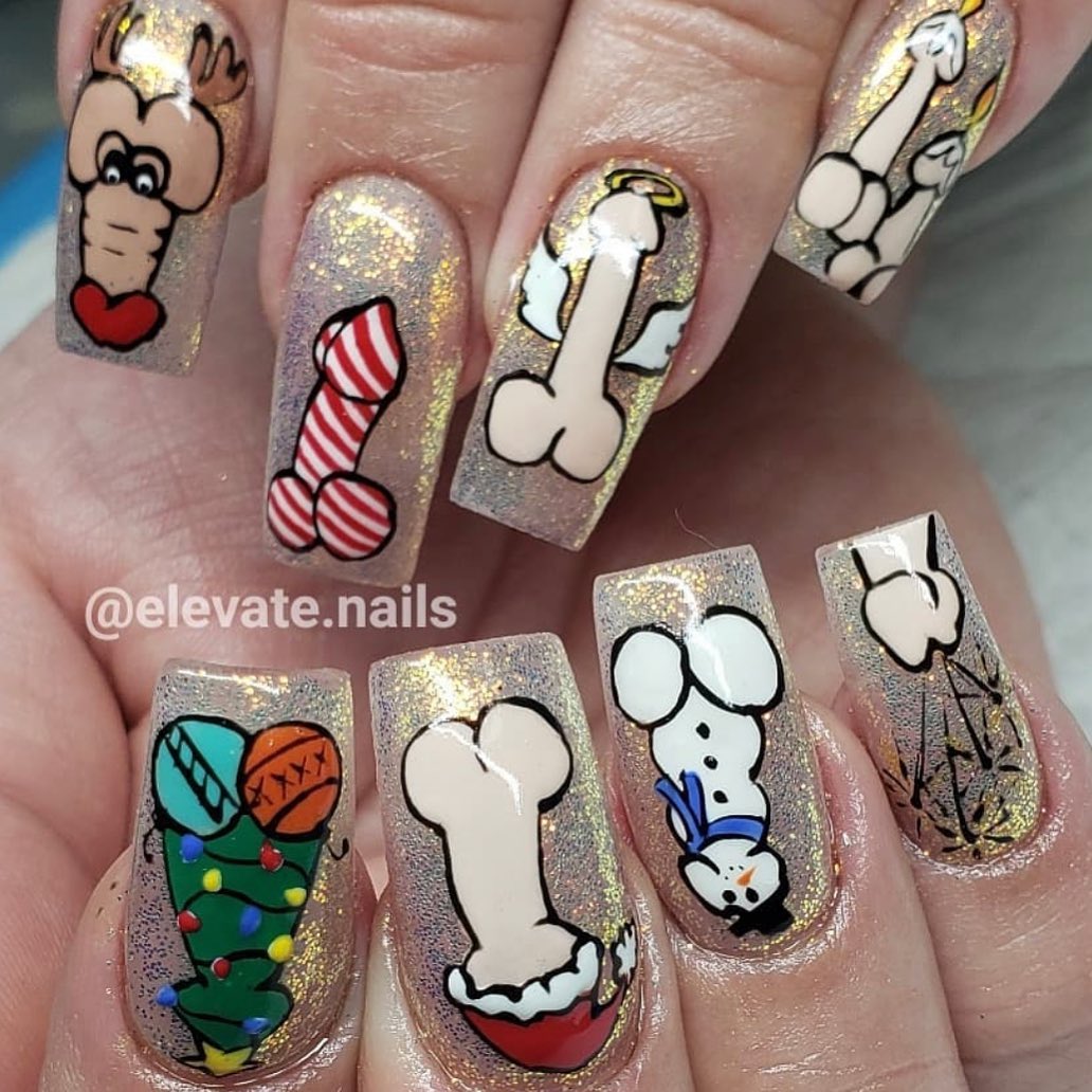 Have you ever seen a snowman penis or a Christmas tree penis? Of course not but why not trying? As a winter nail art, you can give these nails a shot.