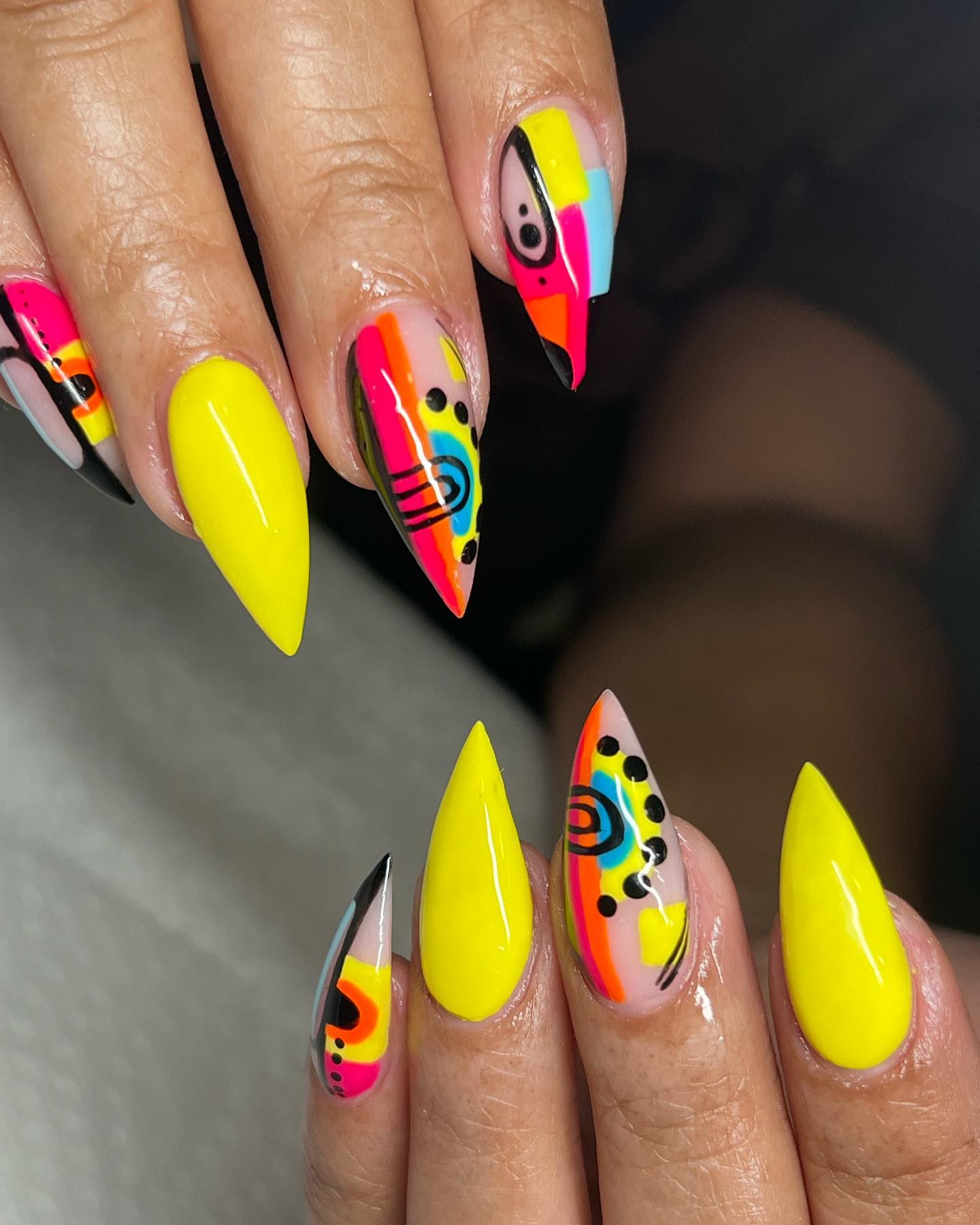 Abstract nail art is about some shapes, lines and dots. Whether it has a meaning or not, your stiletto nails will look amazing.