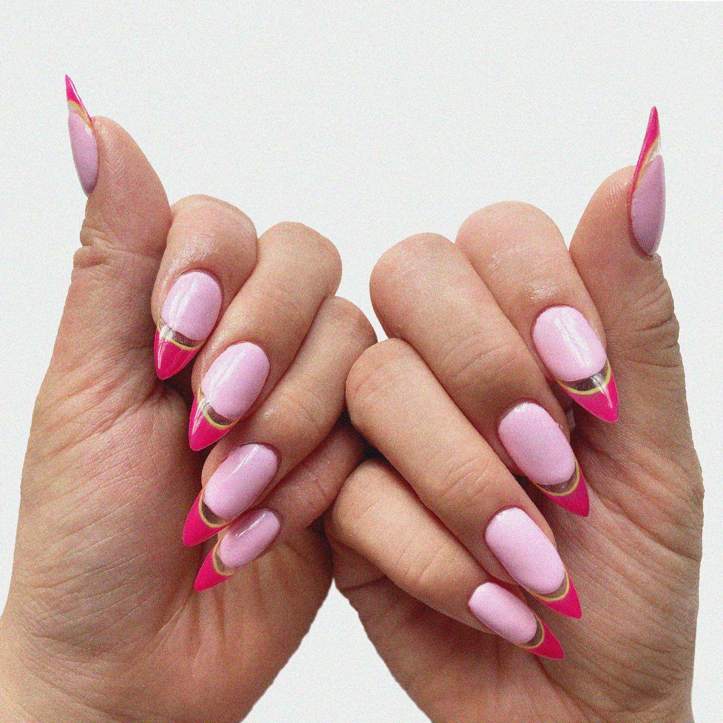 Lilac stiletto nails and pink French tips with a transparent line between these two are just fabulous. It's not a classic look, so it's a nice one to try to get out of your comfort zone.