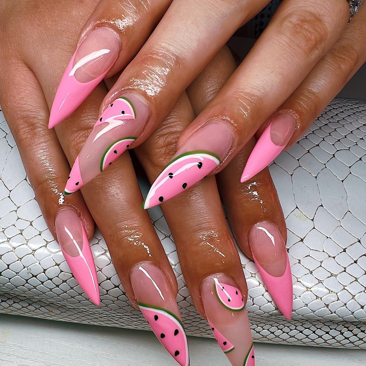 For your summer nails, pink watermelon nail arts are so popular. With these cute nail arts and pink French tips, you will rock.