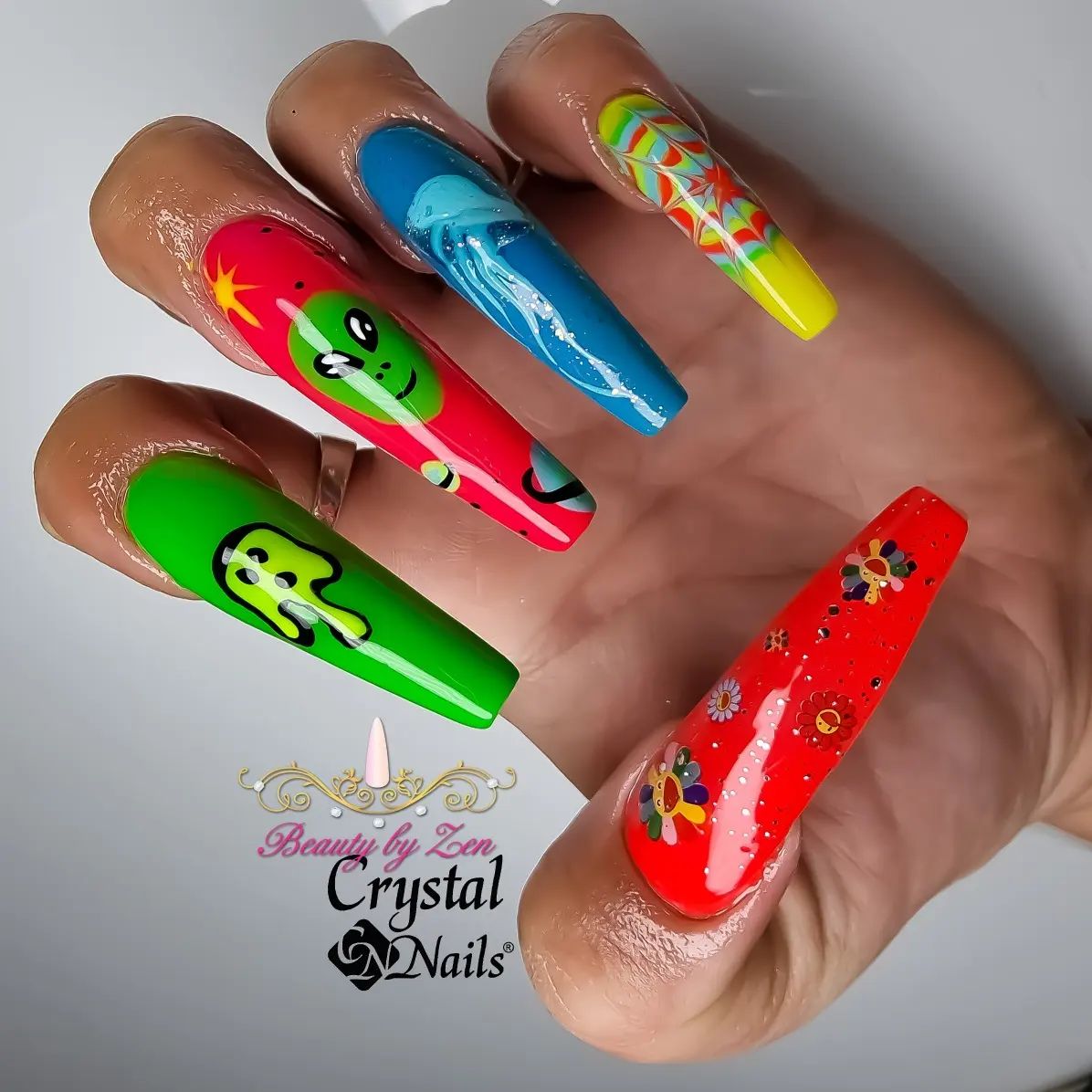 Why not having fun with your ballerina nails? All you need to do is apply colorful nail polishes first and draw different designs on top of of your nails. They could be an alien, a ghost or even a jelly fish!