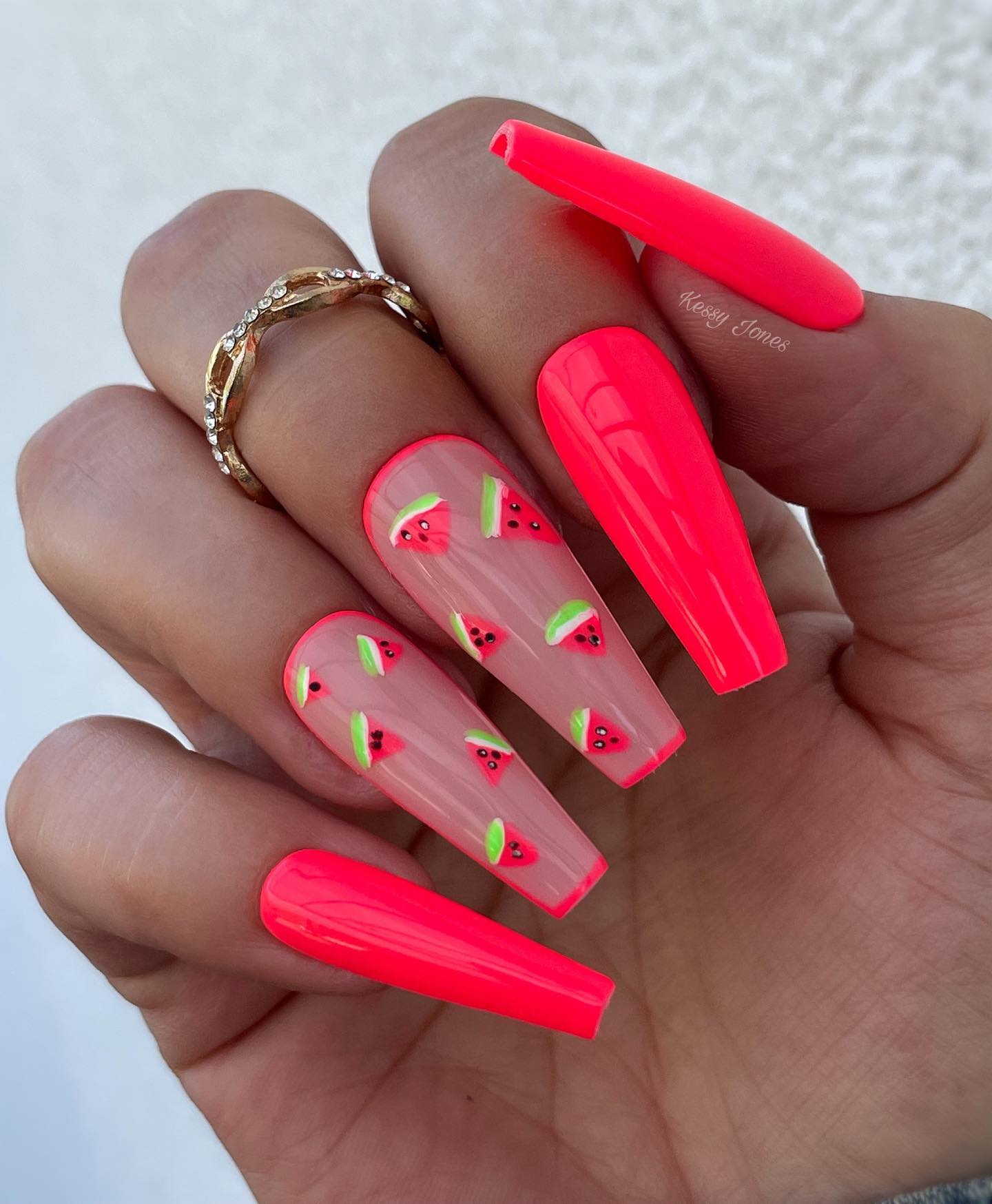 Watermelon nail art is a great way to show your love for the summer. Watermelons are popular right now, so this is a great way to get in on the trend with long ballerina nails!