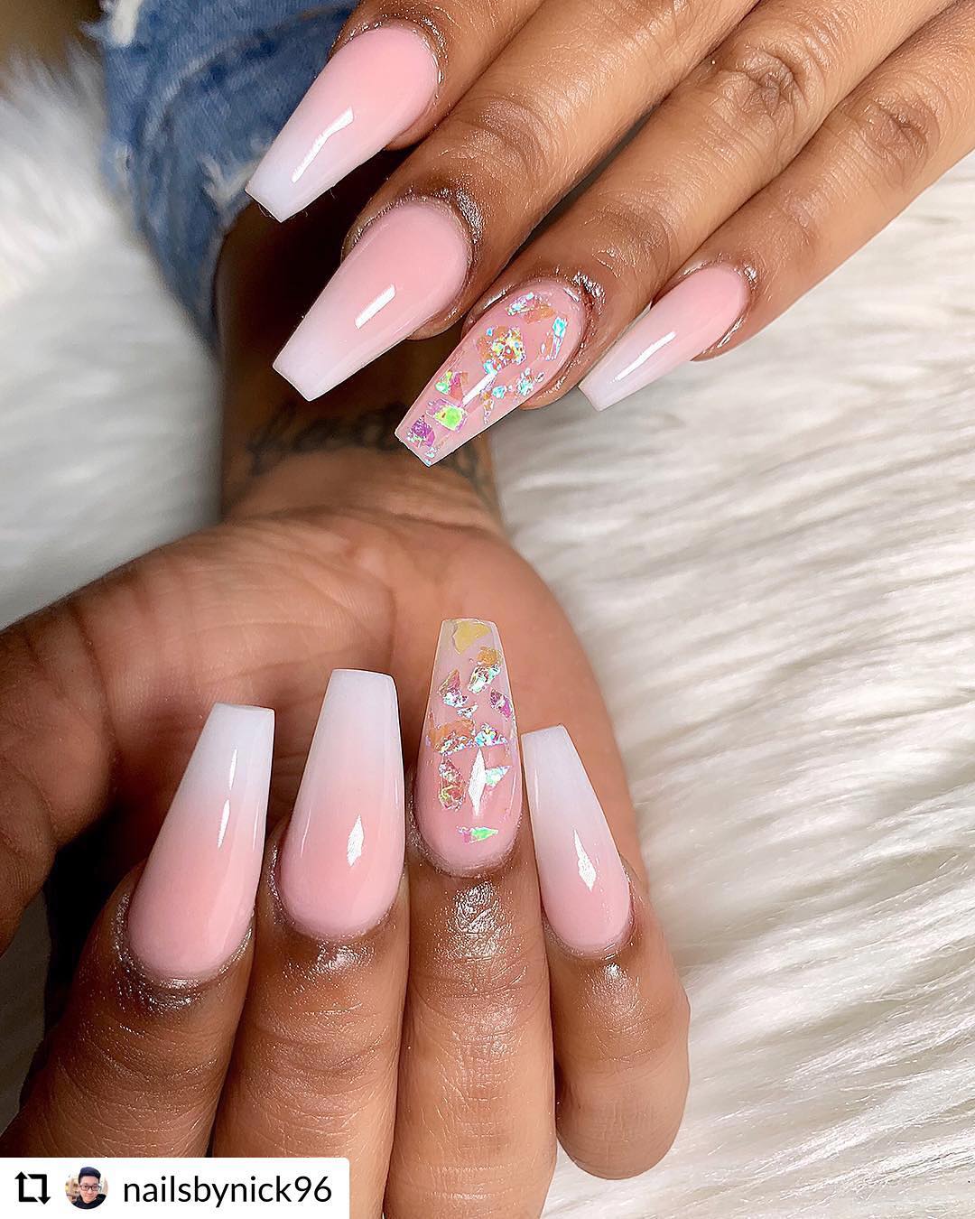 Wanna have a pink and white ombre nails that have a soft and perfect transition? Then, you have to go for this nail design since it is absolutely an art piece from a talented nail artist. To give this nail design a different energy, use some stickers for your ring finger.