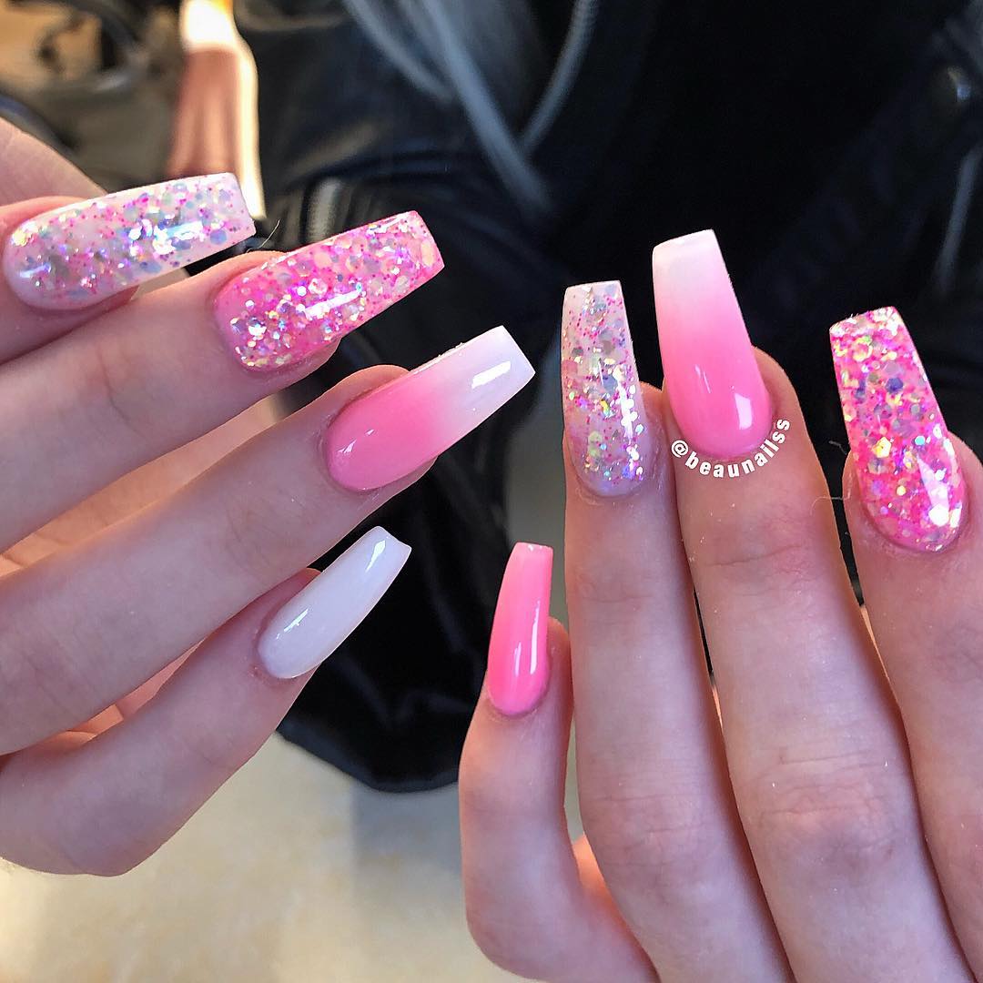 If you don't want to cover your nails with pink and white ombre design, then apply them for your accent nails. As in the example above, you can choose two fingers for ombre design while you decorate the other nails with some shiny glitters.