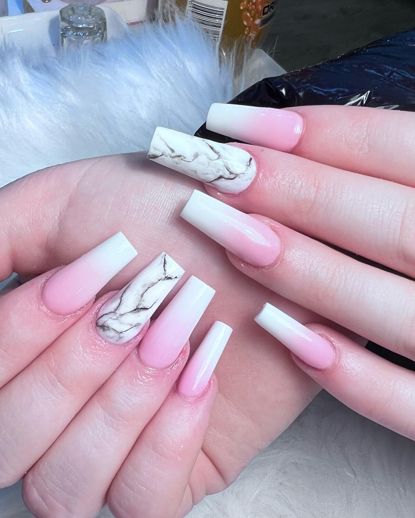 Wanna cheer up your pink and white ombre nails with stylish accent nails? We suggest you to apply marble nail art since it is so popular. To create this piece of art, you should drop nail lacquers into clean water and create a pattern. Then, you need to transfer it to your nails.