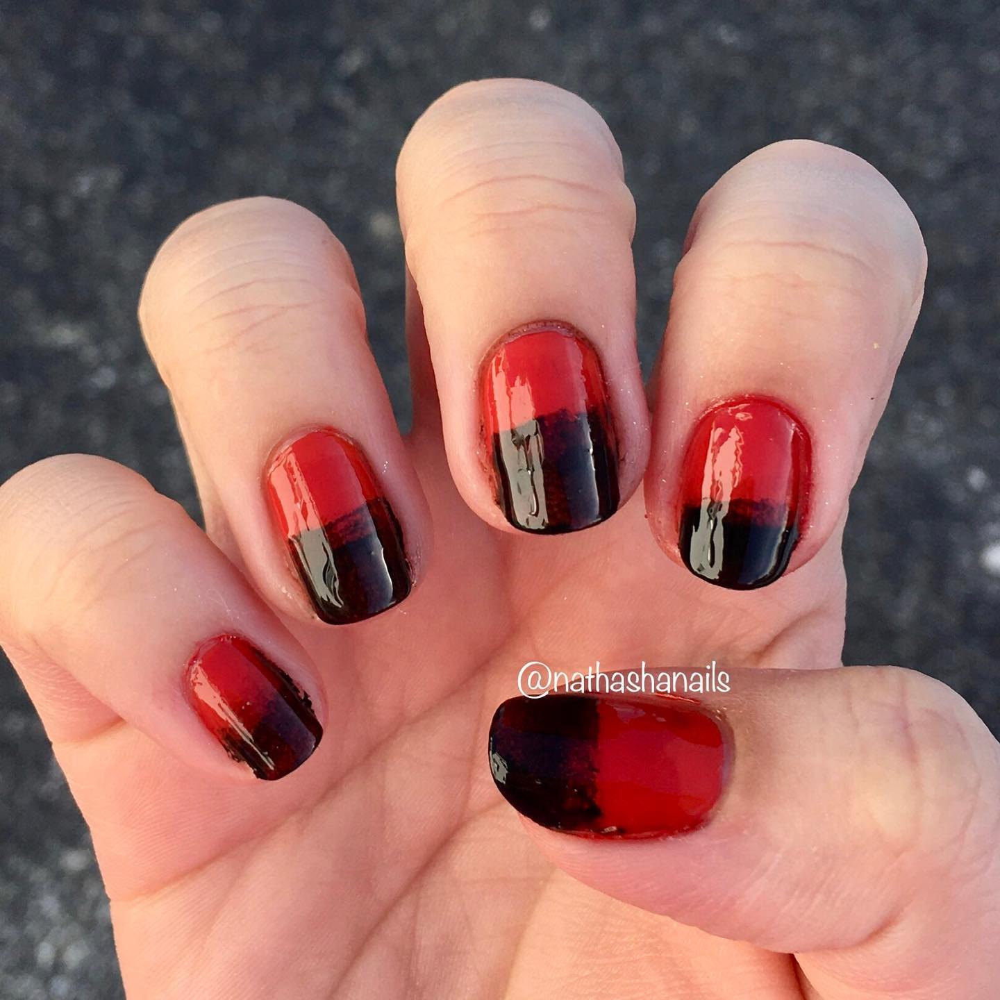 You can have this black and red nail design at home because it is so easy to create! All you need to do is to apply blood red nail polish to your nails and black one starting from the middle of them. Super easy and cool!