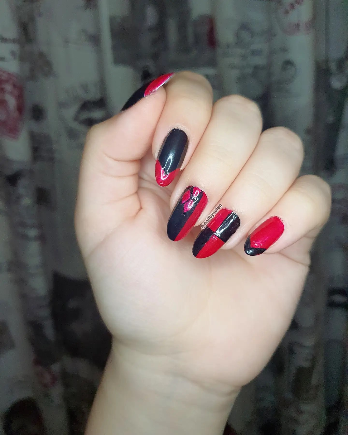 Geometric shapes always look amazing since you can be as creative as you want. Just like in this example above, each nail has a different geometric shape with black and red nail polish. Go for it if you don't like simple nails.