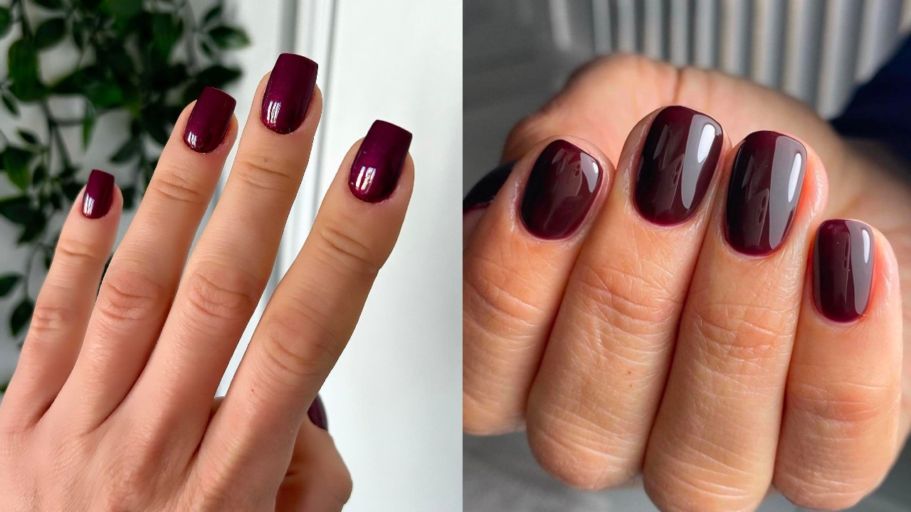 Premium Photo | Black and burgundy manicure with flowers on black  background gel nail polish body care