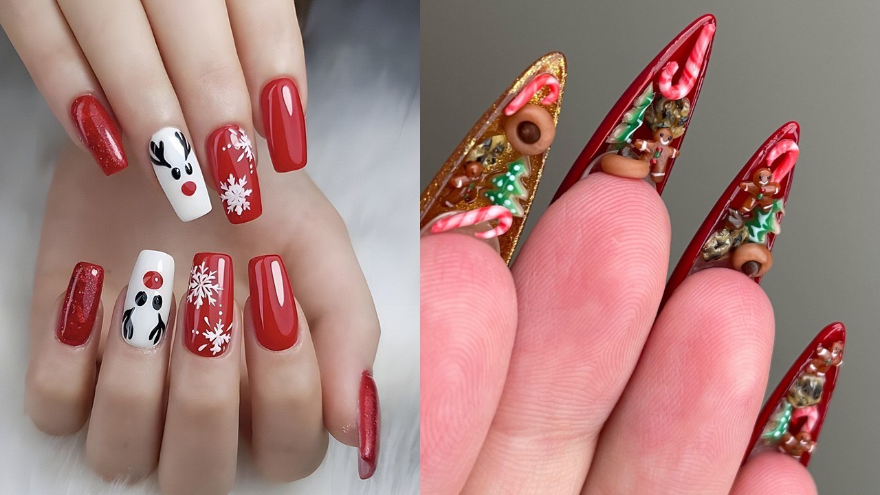 50+ Festive Holiday Nail Designs & Ideas : Textured Red Coffin Nails